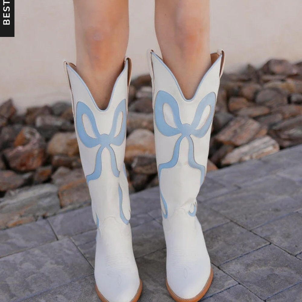 Women's White and Blue Bow Western Coquette Boots